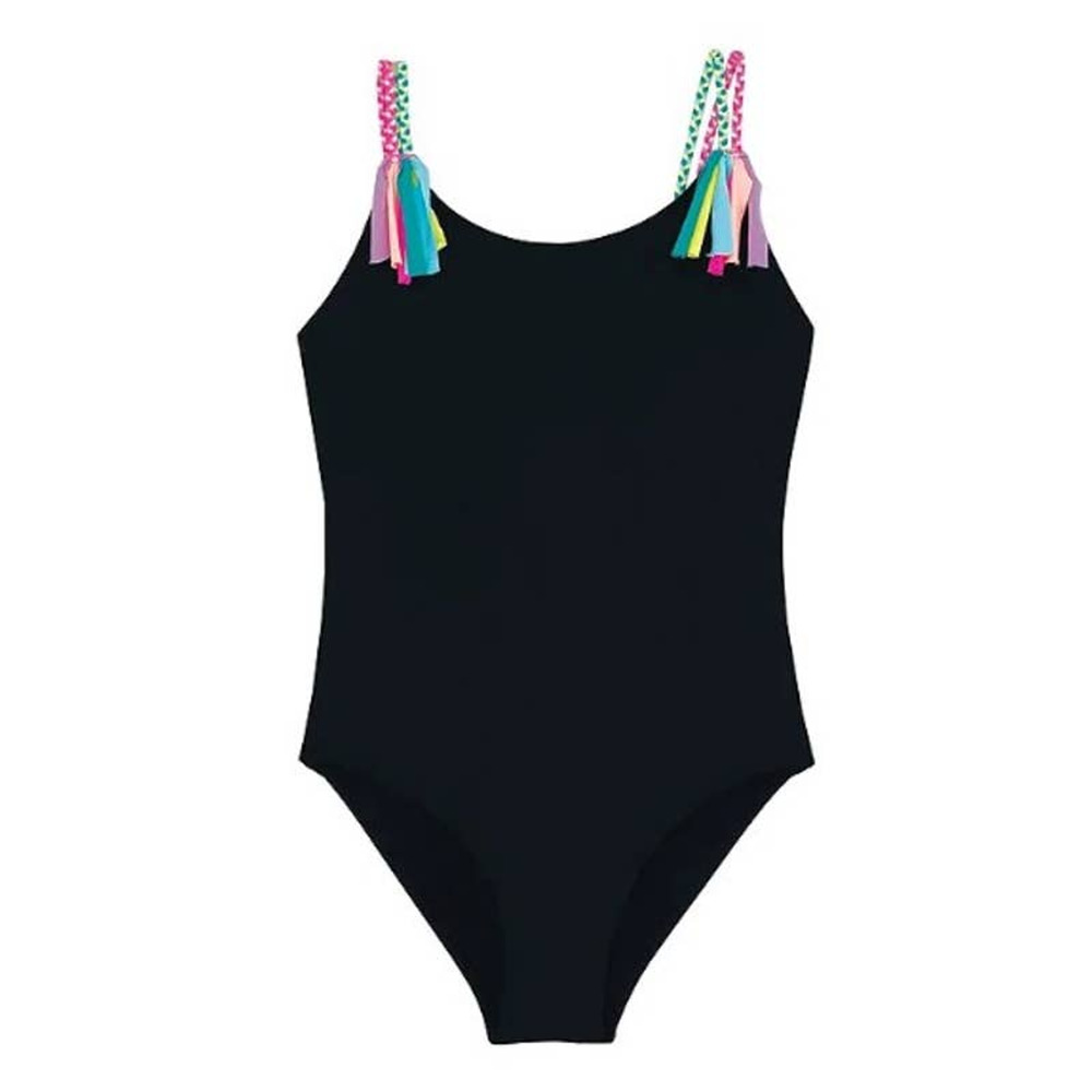 Beach Lingo Big Girls Braided Rainbow Fringe-Detail Black One-Piece Swimsuit 14